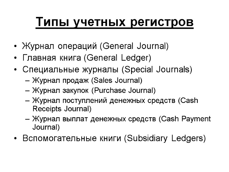 Типы учетных регистров Журнал операций (General Journal) Главная книга (General Ledger) Специальные журналы (Special